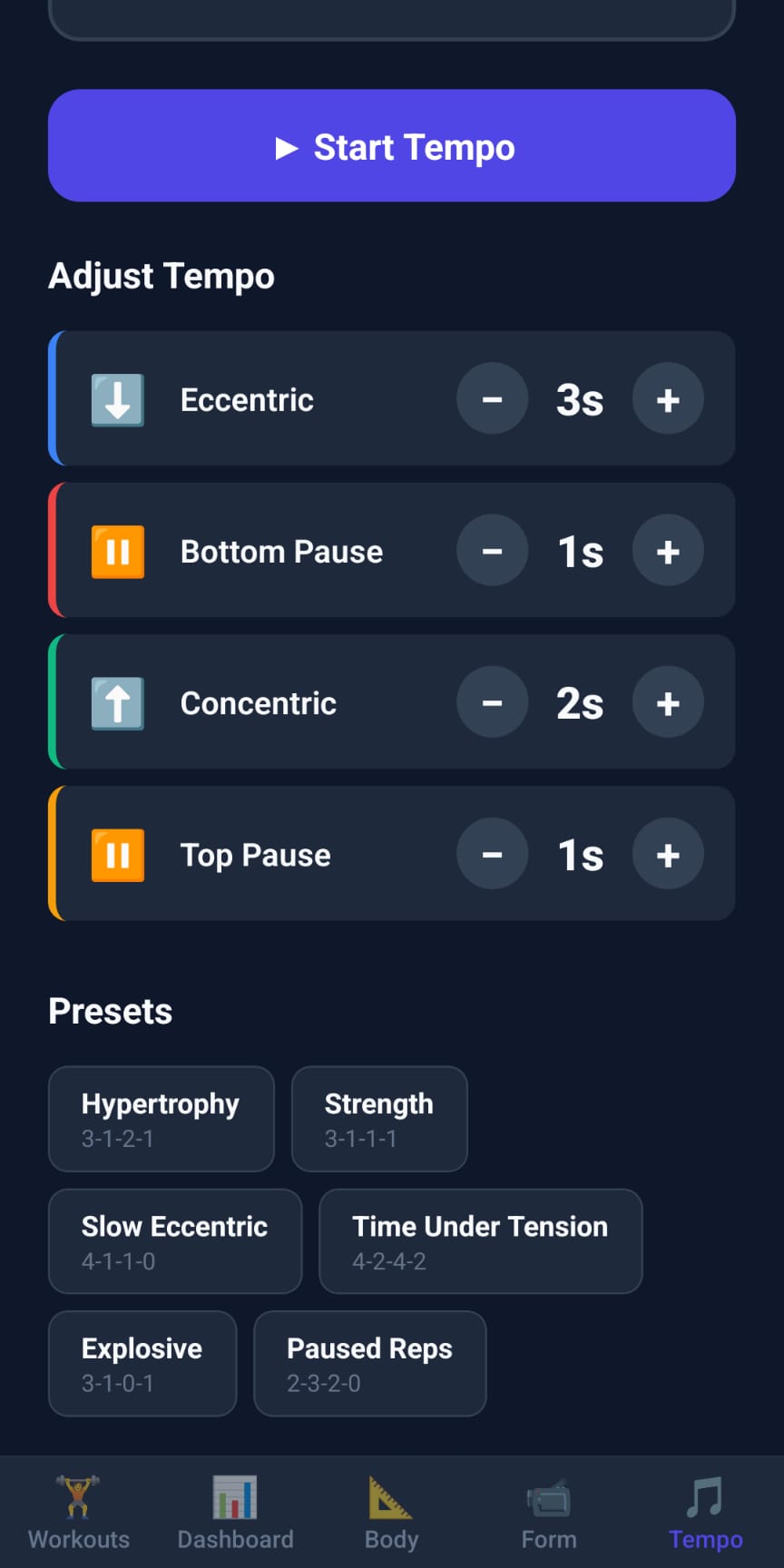 Gymmode tempo screen with eccentric, pause, concentric controls and preset buttons