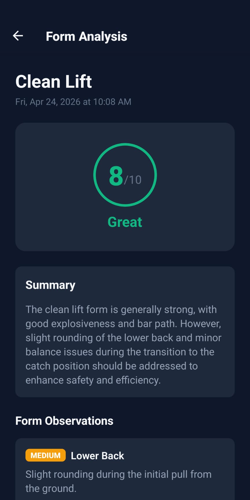 Gymmode form analysis showing 8/10 score and summary for a clean lift