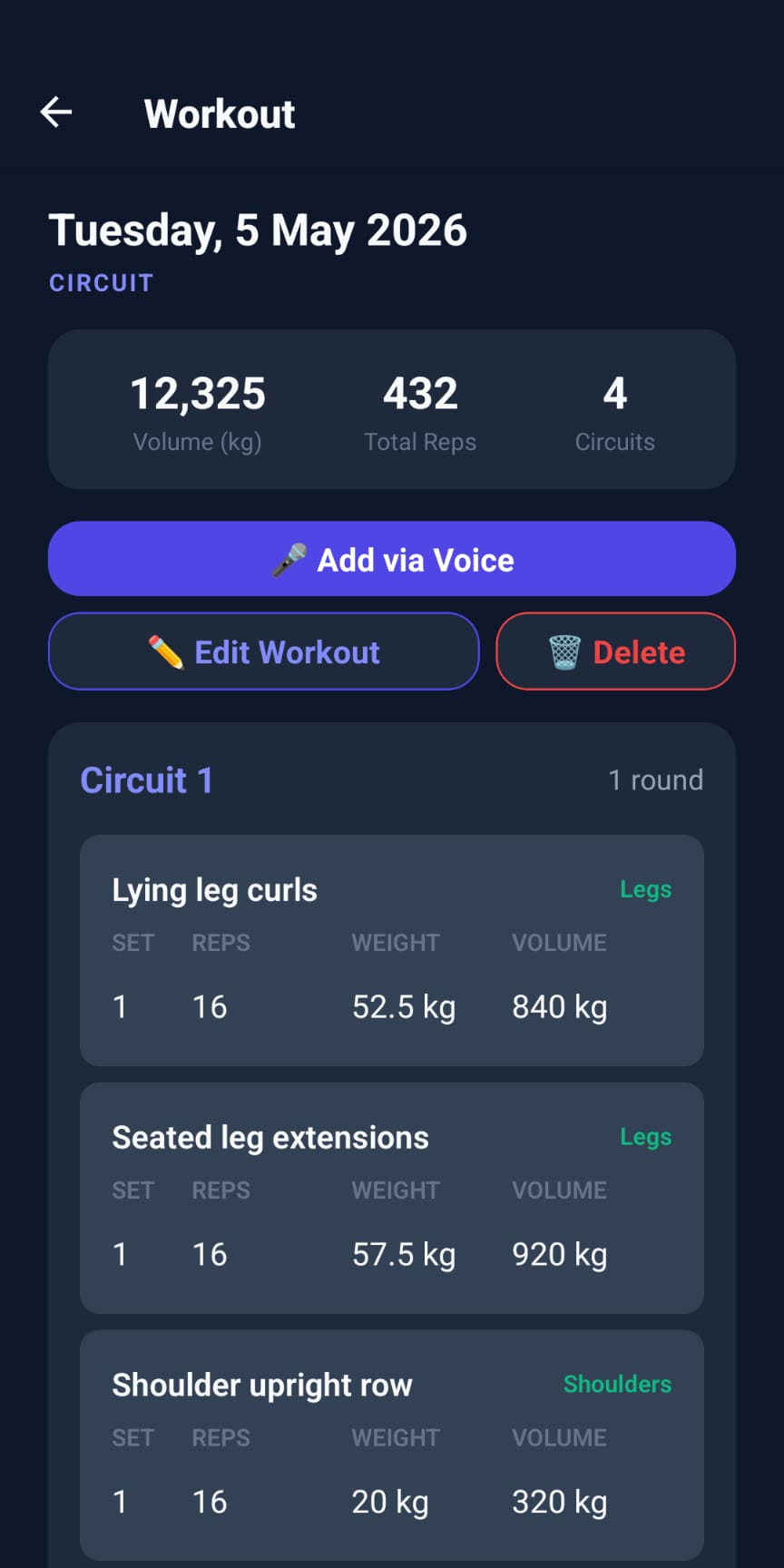 Gymmode workout detail showing circuits, exercises, sets, and voice input button